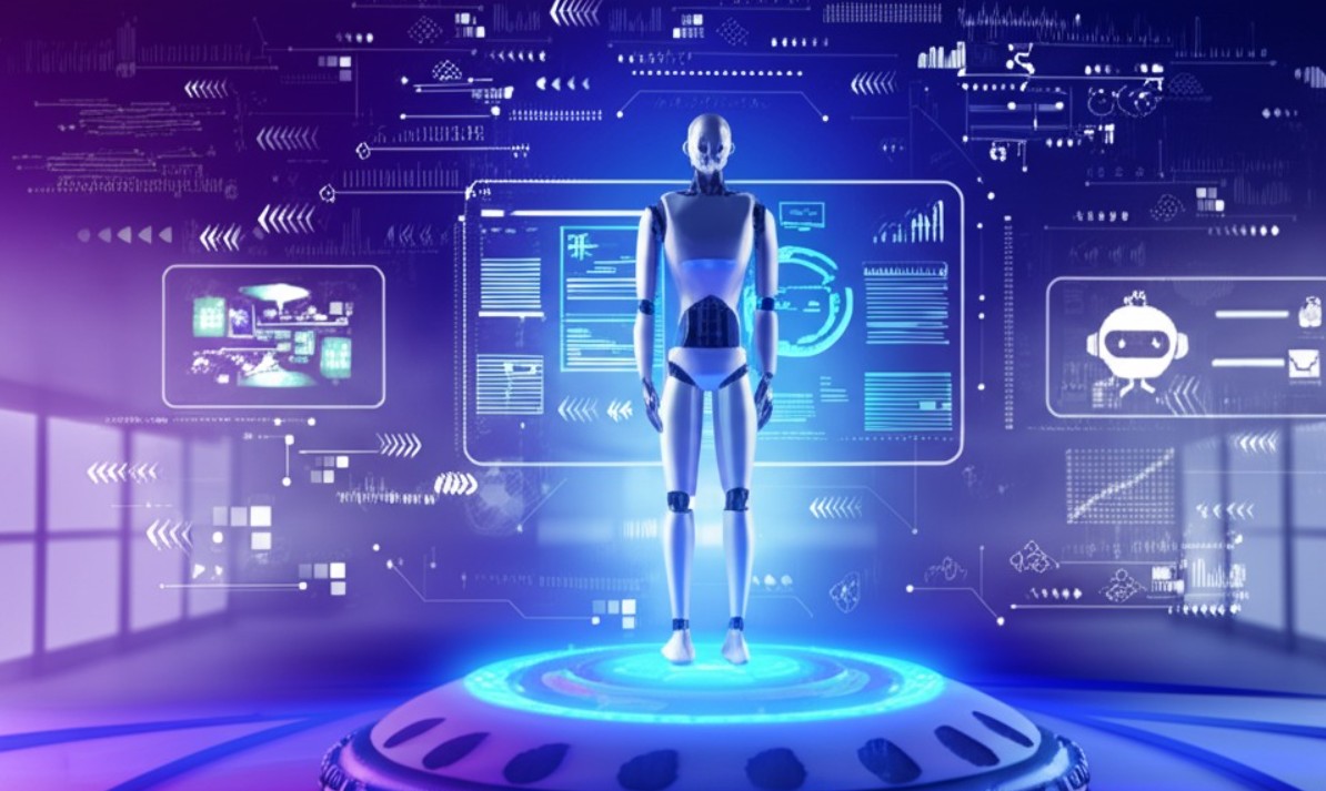 Robot managing multiple AI-powered passive income streams in a futuristic digital workspace.